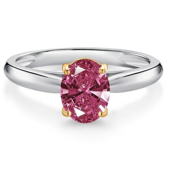 Gem Stone King 925 Sterling Silver and 10K Yellow Gold Red Zirconia Solitaire Engagement Ring for Women (1.21 Cttw, Oval 8X6MM, Gemstone Birthstone, Size 8)
