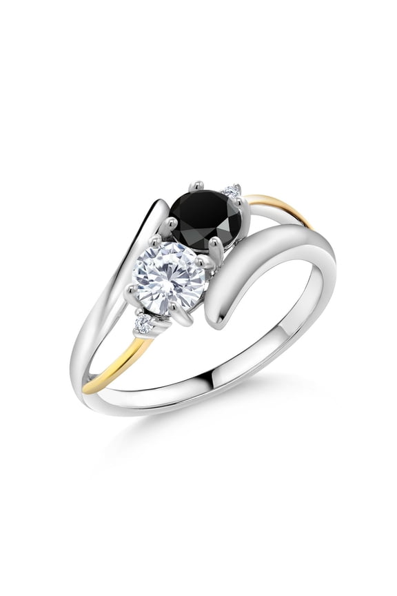 925 Sterling Silver and 10K Yellow Gold Round Black Onyx and White Moissanite Women Ring (1.00 Cttw, Gemstone Birthstone, Size 9)