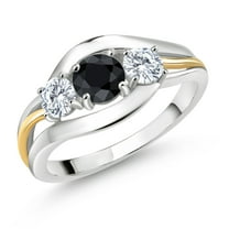 Gem Stone King 925 Sterling Silver and 10K Yellow Gold Round Black Sapphire and White Moissanite 3 Stone Ring for Women (1.15 Cttw, Available in Size 5, 6, 7, 8, 9)