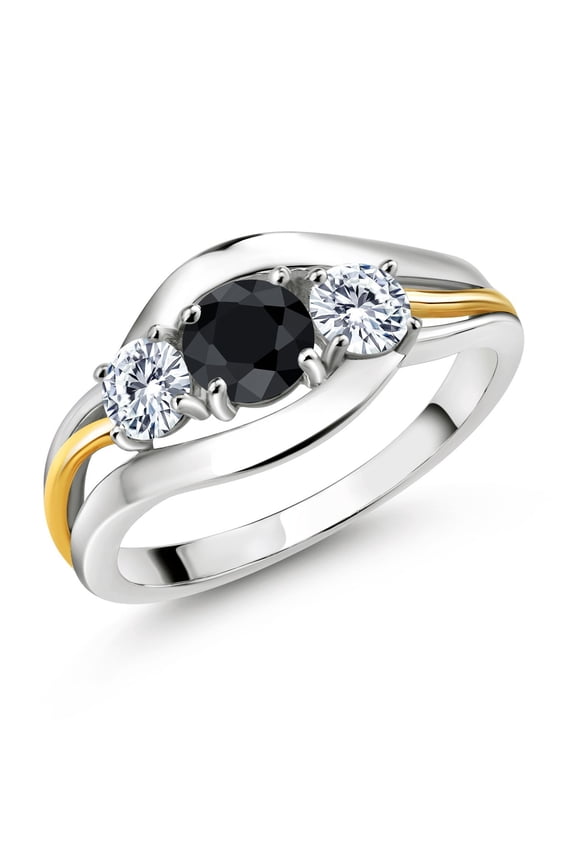 925 Sterling Silver and 10K Yellow Gold Round Black Sapphire and White Moissanite 3 Stone Ring for Women (1.15 Cttw, Available in Size 5, 6, 7, 8, 9)