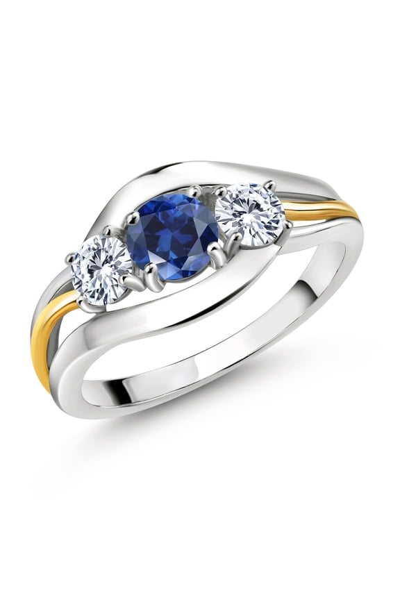 1.06 Cttw Round Blue Created Sapphire and White Moissanite 3-Stone Ring for Women | 925 Sterling Silver and 10K Yellow Gold | Three Stone Wedding Engagement Anniversary Ring | Size 9