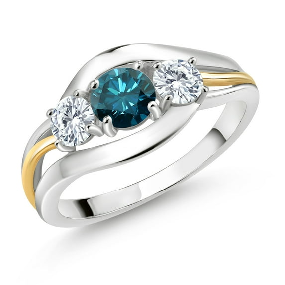 Gem Stone King 925 Sterling Silver and 10K Yellow Gold Round Blue Diamond and White Moissanite 3 Stone Ring for Women (1.01 Cttw, Available in Size 5, 6, 7, 8, 9)