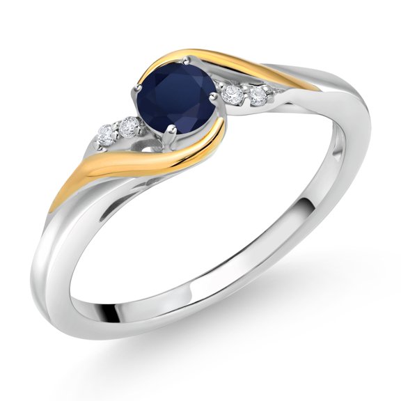Gem Stone King Round Blue Sapphire and White Lab Grown Diamond Engagement Ring for Women | 0.38 Cttw | Gemstone Birthstone | 925 Sterling Silver and 10K Yellow Gold | Size 6
