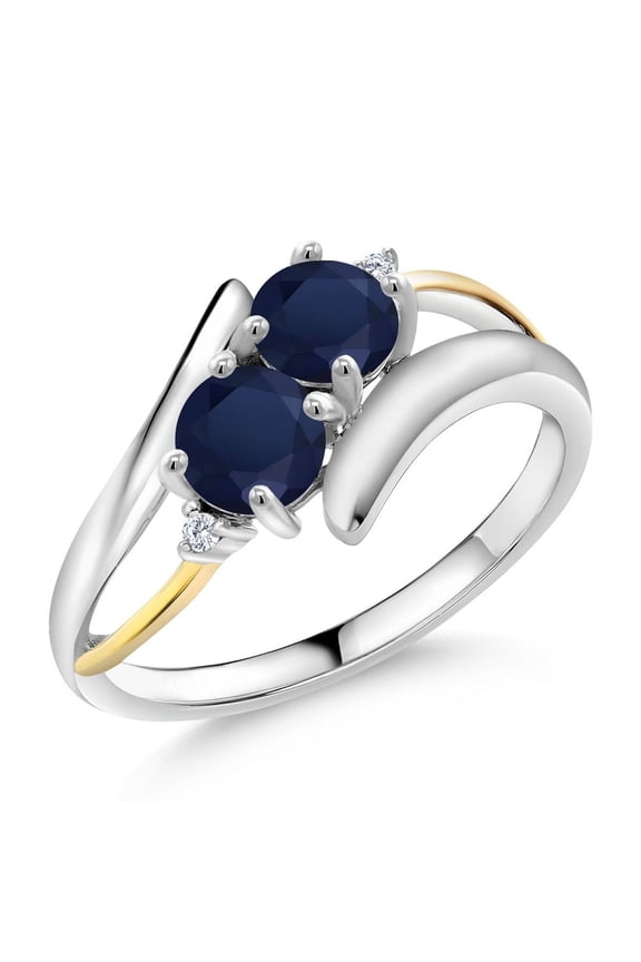 925 Sterling Silver and 10K Yellow Gold Round Blue Sapphire and White Lab Grown Diamond Two Stone Crossover Women Ring (1.22 Cttw, Gemstone Birthstone, Size 6)