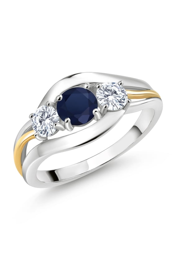 925 Sterling Silver and 10K Yellow Gold Round Blue Sapphire and White Moissanite 3 Stone Ring for Women (1.06 Cttw, Available in Size 5, 6, 7, 8, 9)