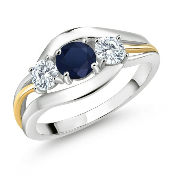 Gem Stone King 925 Sterling Silver and 10K Yellow Gold Round Blue Sapphire and White Moissanite 3 Stone Ring for Women (1.06 Cttw, Size 5)