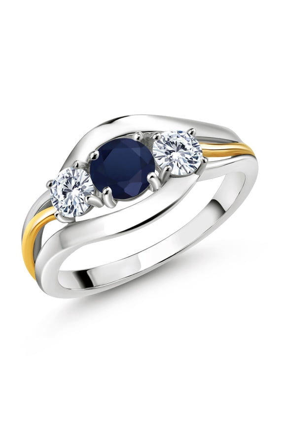 925 Sterling Silver and 10K Yellow Gold Round Blue Sapphire and White Moissanite 3 Stone Ring for Women (1.06 Cttw, Available in Size 5, 6, 7, 8, 9)