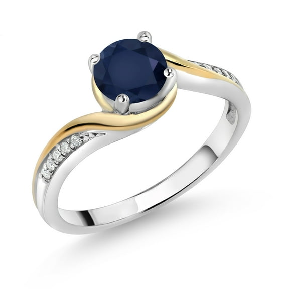 Gem Stone King 1.15 Cttw Blue Sapphire and White Moissanite Engagement Ring for Women | Gemstone Birthstone | 925 Sterling Silver and 10K Yellow Gold | Wedding Anniversary Promise Ring | Size 6