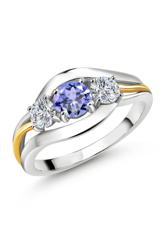 925 Sterling Silver and 10K Yellow Gold Round Blue Tanzanite and White Lab Grown Diamond 3 Stone Ring for Women (1.00 Cttw, Available in Size 5, 6, 7, 8, 9)