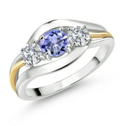 GEM STONE KING 925 Sterling Silver and 10K Yellow Gold Round Blue Tanzanite and White Lab Grown Diamond 3 Stone Ring for Women (1.00 Cttw, Available in Size 5, 6, 7, 8, 9)