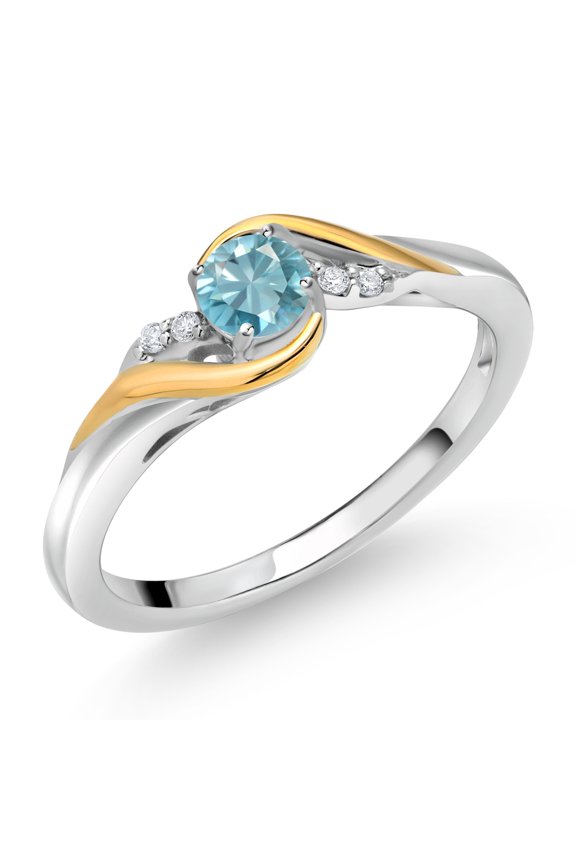 925 Sterling Silver and 10K Yellow Gold Round Blue Zircon and White Lab Grown Diamond Engagement Ring for Women (0.53 Cttw, Gemstone Birthstone, Size 8)