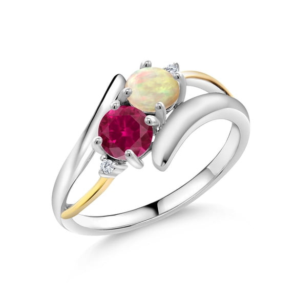 Gem Stone King 1.32 Cttw Round Cabochon White Ethiopian Opal Red Created Ruby & Lab Grown Diamond Women Ring | 925 Sterling Silver & 10K Yellow Gold | Wedding Engagement Anniversary Ring | Size 9