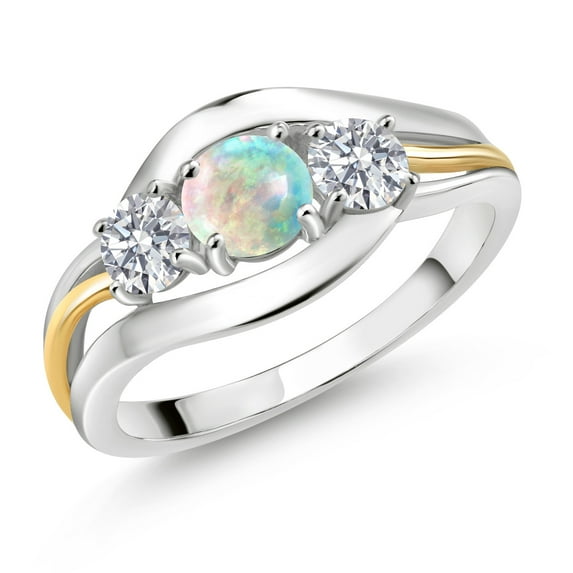 Gem Stone King 925 Sterling Silver and 10K Yellow Gold Round Cabochon White Opal and White Lab Grown Diamond 3 Stone Ring for Women (1.04 Cttw, Available in Size 5, 6, 7, 8, 9)