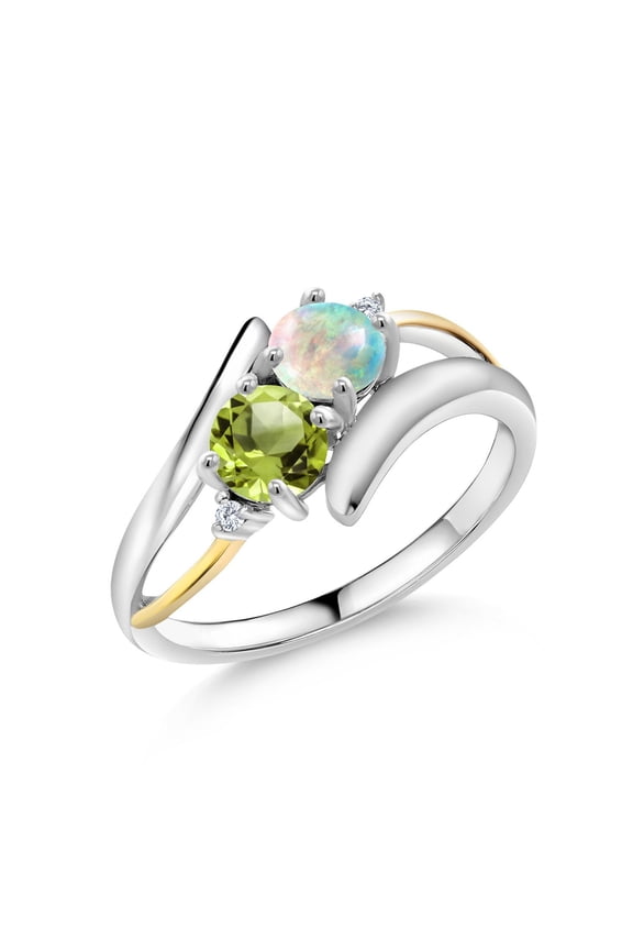 925 Sterling Silver and 10K Yellow Gold Round Cabochon White Simulated Opal Green Peridot and Lab Grown Diamond Two Stone Crossover Ring for Women (1.07 Cttw, Size 7)