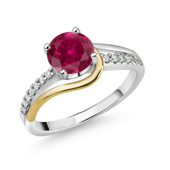 Gem Stone King 925 Sterling Silver and 10K Yellow Gold Round Created Ruby and White Moissanite Engagement Ring for Women (1.66 Cttw, Round 7MM, Size 7)