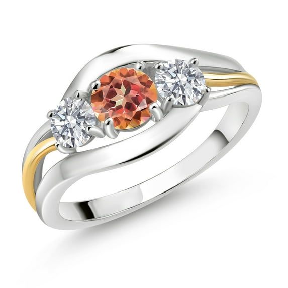 Gem Stone King 925 Sterling Silver and 10K Yellow Gold Round Ecstasy Mystic Topaz and White Lab Grown Diamond 3 Stone Ring for Women (1.54 Cttw, Available in Size 5, 6, 7, 8, 9)