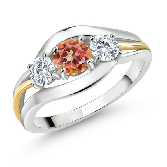 Gem Stone King 925 Sterling Silver and 10K Yellow Gold Round Ecstasy Mystic Topaz and White Moissanite 3 Stone Ring for Women (1.46 Cttw, Available in Size 5, 6, 7, 8, 9)