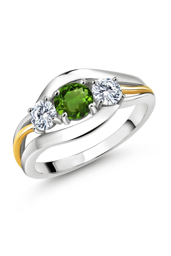 925 Sterling Silver and 10K Yellow Gold Round Green Chrome Diopside and White Moissanite 3 Stone Ring for Women (0.96 Cttw, Available in Size 5, 6, 7, 8, 9)