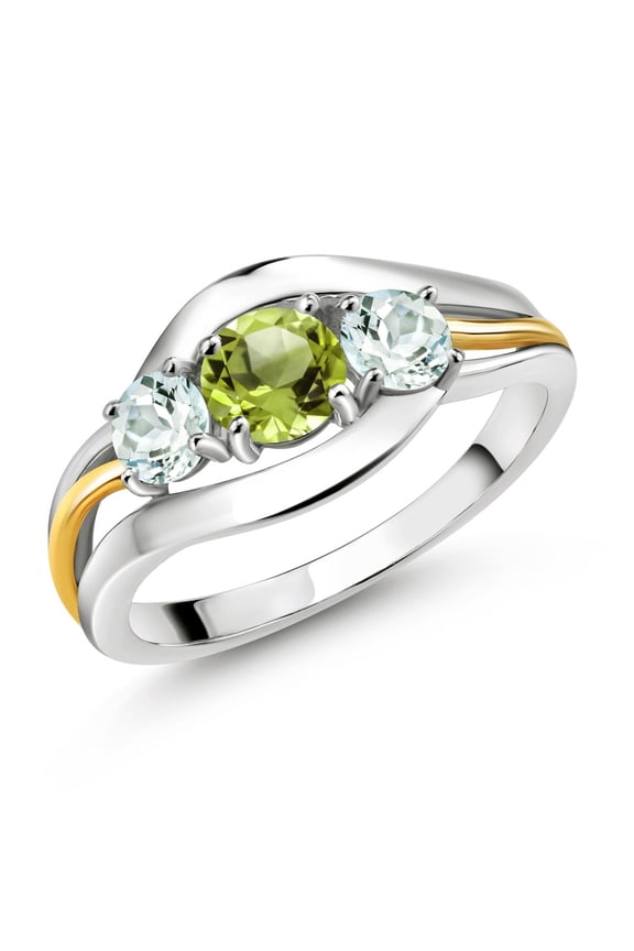 925 Sterling Silver and 10K Yellow Gold Round Green Peridot and Sky Blue Aquamarine 3 Stone Ring for Women (1.05 Cttw, Size 9)