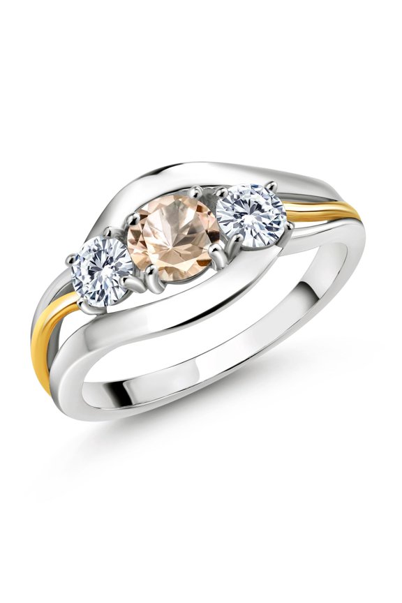 925 Sterling Silver and 10K Yellow Gold Round Peach Morganite and White Moissanite 3 Stone Ring for Women (0.86 Cttw, Available in Size 5, 6, 7, 8, 9)