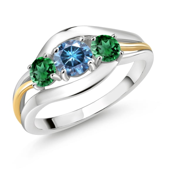 Gem Stone King 925 Sterling Silver and 10K Yellow Gold Round Persian Blue Moissanite and Green Nano Emerald 3 Stone Ring for Women (1.10 Cttw, Size 8)