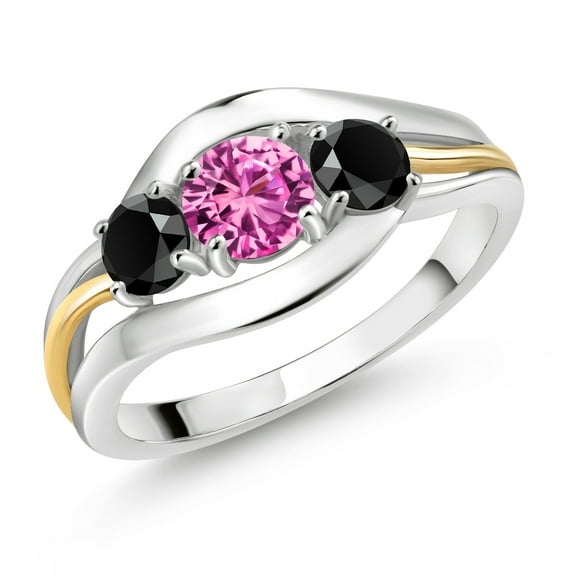 Gem Stone King 925 Sterling Silver and 10K Yellow Gold Round Pink Created Sapphire and Black Onyx 3 Stone Ring for Women (0.99 Cttw, Size 9)