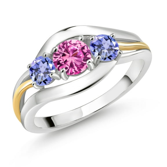Gem Stone King 925 Sterling Silver and 10K Yellow Gold Round Pink Created Sapphire and Blue Tanzanite 3 Stone Ring for Women (1.15 Cttw, Size 7)