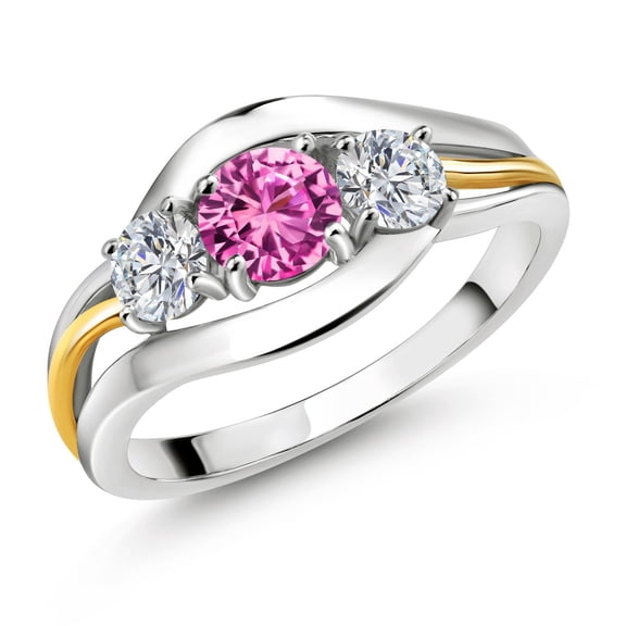 Gem Stone King 925 Sterling Silver and 10K Yellow Gold Round Pink Created Sapphire and White Lab Grown Diamond 3 Stone Ring for Women (1.09 Cttw, Available in Size 5, 6, 7, 8, 9)