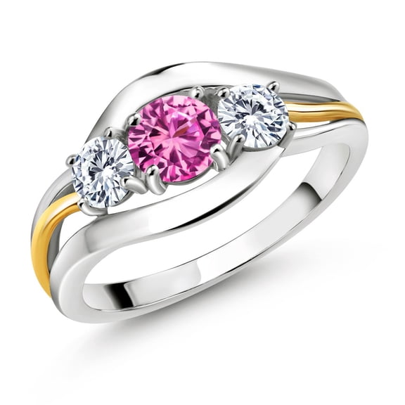 Gem Stone King 925 Silver and 10K Yellow Gold Pink Created Sapphire and Moissanite 3-Stone Ring for Women | 1.01 Cttw | Round 5MM & 4MM | 2-Tone Split-Shank Wedding Anniversary Promise Ring | Size 6