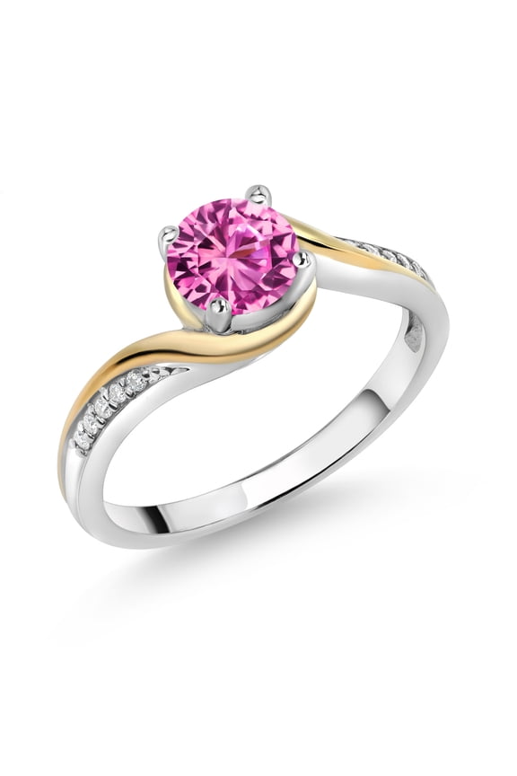 1.05 Cttw Round Pink Created Sapphire and White Moissanite Women Ring | 925 Sterling Silver and 10K Yellow Gold | Wedding Engagement Anniversary Promise Ring for Women | Size 5