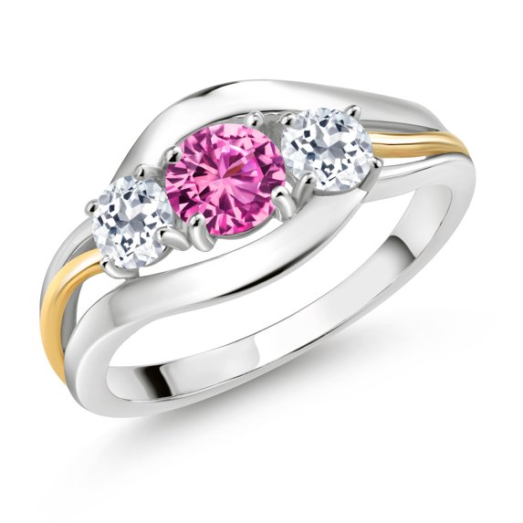 Gem Stone King 1.21 Cttw Round Pink Created Sapphire and White Topaz 3 Stone Ring for Women | 925 Sterling Silver and 10K Yellow Gold | Three Stone Wedding Engagement Anniversary Ring | Size 7