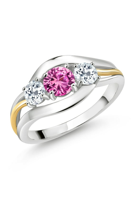 1.21 Cttw Round Pink Created Sapphire and White Topaz 3 Stone Ring for Women | 925 Sterling Silver and 10K Yellow Gold | Three Stone Wedding Engagement Anniversary Ring | Size 6