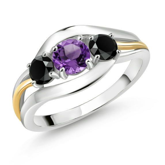 Gem Stone King 925 Sterling Silver and 10K Yellow Gold Round Purple Amethyst and Black Onyx 3 Stone Ring for Women (0.92 Cttw, Size 8)