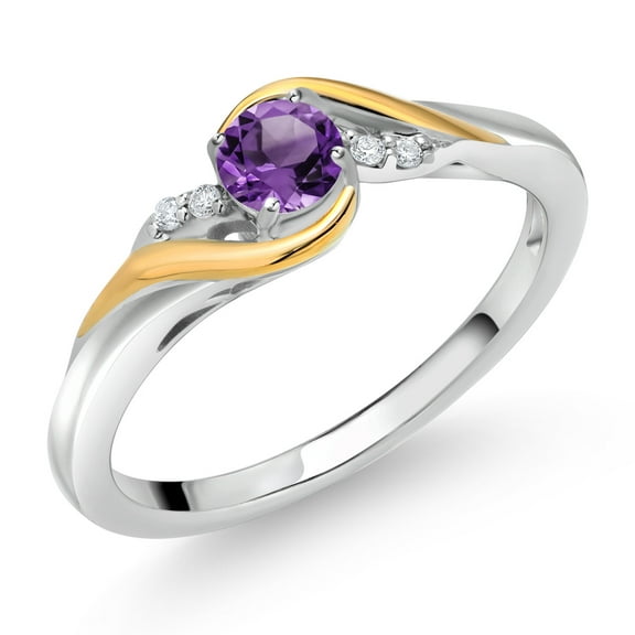 Gem Stone King 925 Sterling Silver and 10K Yellow Gold Round Purple Amethyst and White Lab Grown Diamond Engagement Ring for Women (0.28 Cttw, Gemstone Birthstone, Size 5)