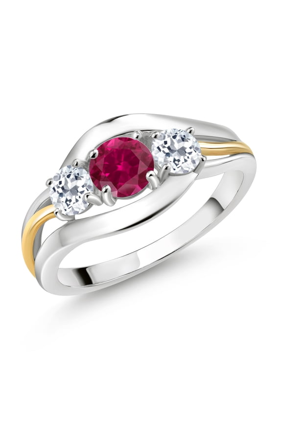 925 Sterling Silver and 10K Yellow Gold Round Red Created Ruby and White Topaz 3-Stone Ring for Women | 1.66 Cttw | Round 5MM and 4MM (Size 5)