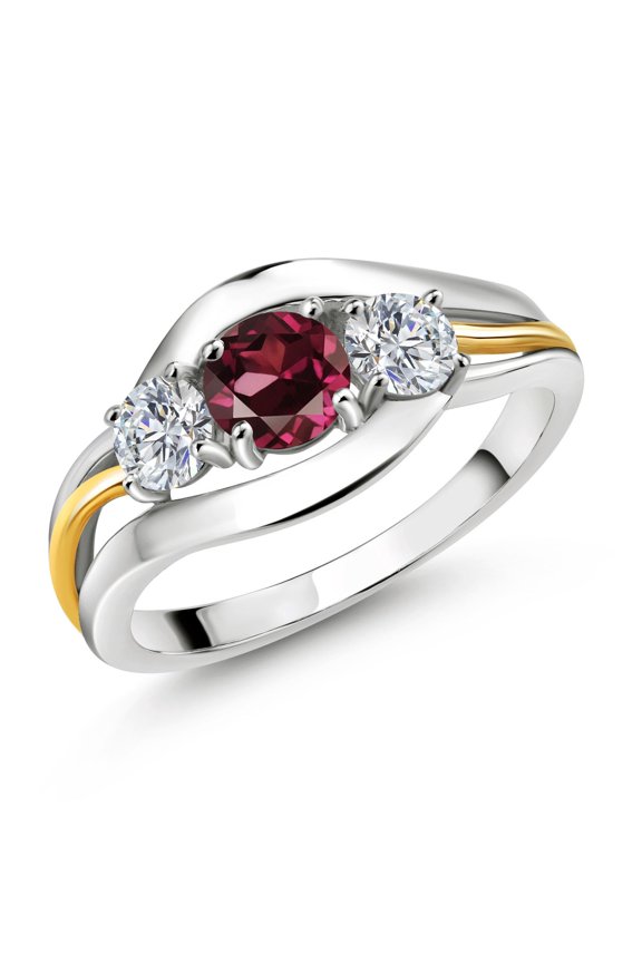 925 Sterling Silver and 10K Yellow Gold Round Red Rhodolite Garnet and White Lab Grown Diamond 3 Stone Ring for Women (1.14 Cttw, Available in Size 5, 6, 7, 8, 9)