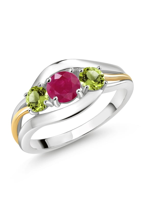 925 Sterling Silver and 10K Yellow Gold Round Red Ruby and Green Peridot 3 Stone Ring for Women (1.15 Cttw, Size 7)
