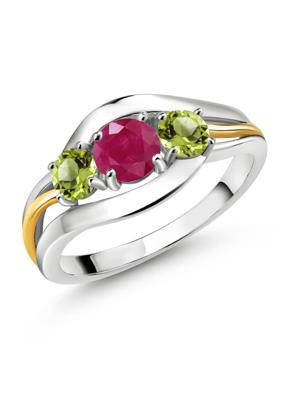 925 Sterling Silver and 10K Yellow Gold Round Red Ruby and Green Peridot 3 Stone Ring for Women (1.15 Cttw, Size 5)