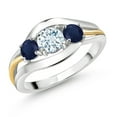 thumbnail image 1 of Gem Stone King 925 Sterling Silver and 10K Yellow Gold Round Sky Blue Aquamarine and Blue Sapphire 3 Stone Ring for Women (1.20 Cttw, Size 8), 1 of 3