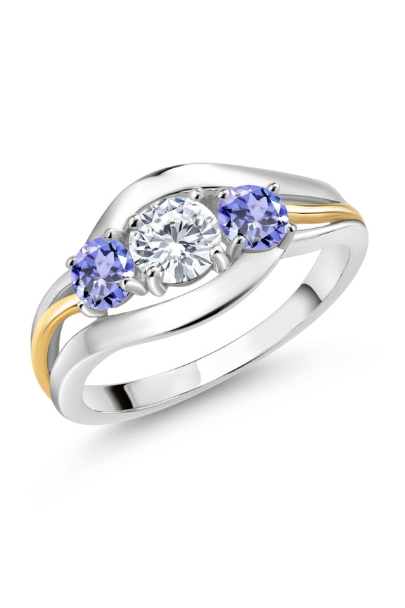 925 Sterling Silver and 10K Yellow Gold Round White Moissanite and Blue Tanzanite 3 Stone Ring for Women 1.10 Cttw (Size 9)