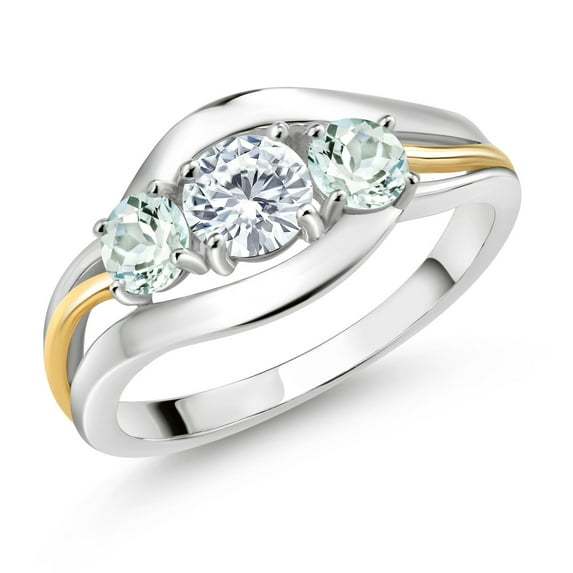 Gem Stone King 925 Sterling Silver and 10K Yellow Gold Round White Moissanite and Sky Blue Aquamarine 3 Stone Ring for Women (1.00 Cttw, Size 7)