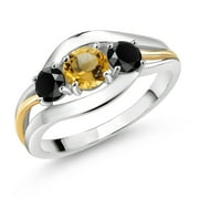 GEM STONE KING 925 Sterling Silver and 10K Yellow Gold Round Yellow Citrine and Black Onyx 3 Stone Ring for Women (1.17 Cttw, Available in Size 5, 6, 7, 8, 9)