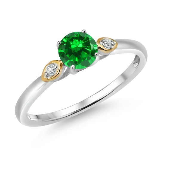 Gem Stone King 925 Sterling Silver and 10K Yellow Gold Simulated Green Created Emerald and White Lab Grown Diamond 3 Stone Engagement Ring for Women (0.87 Cttw, Round Gemstone May Birthstone, Size 6)