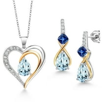Gem Stone King 925 Sterling Silver and 10K Yellow Gold Sky Blue Aquamarine Blue Created Sapphire and White Lab Grown Diamond Pendant Necklace Earrings Set for Women (3.46 Cttw, with 18 inch Chain)