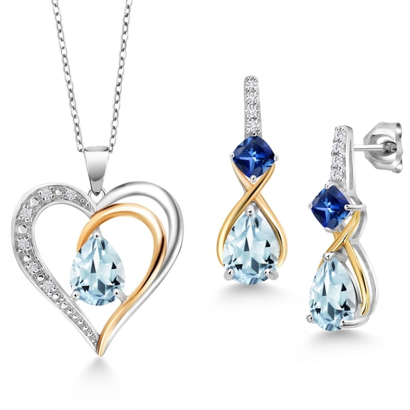Gem Stone King 925 Sterling Silver and 10K Yellow Gold Sky Blue Aquamarine Blue Created Sapphire and White Lab Grown Diamond Pendant Necklace Earrings Set for Women (3.46 Cttw, with 18 inch Chain)