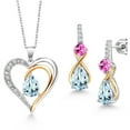 thumbnail image 1 of Gem Stone King 925 Sterling Silver and 10K Yellow Gold Sky Blue Aquamarine Pink Created Sapphire and White Lab Grown Diamond Pendant Necklace Earrings Set for Women (3.46 Cttw, with 18 inch Chain), 1 of 3