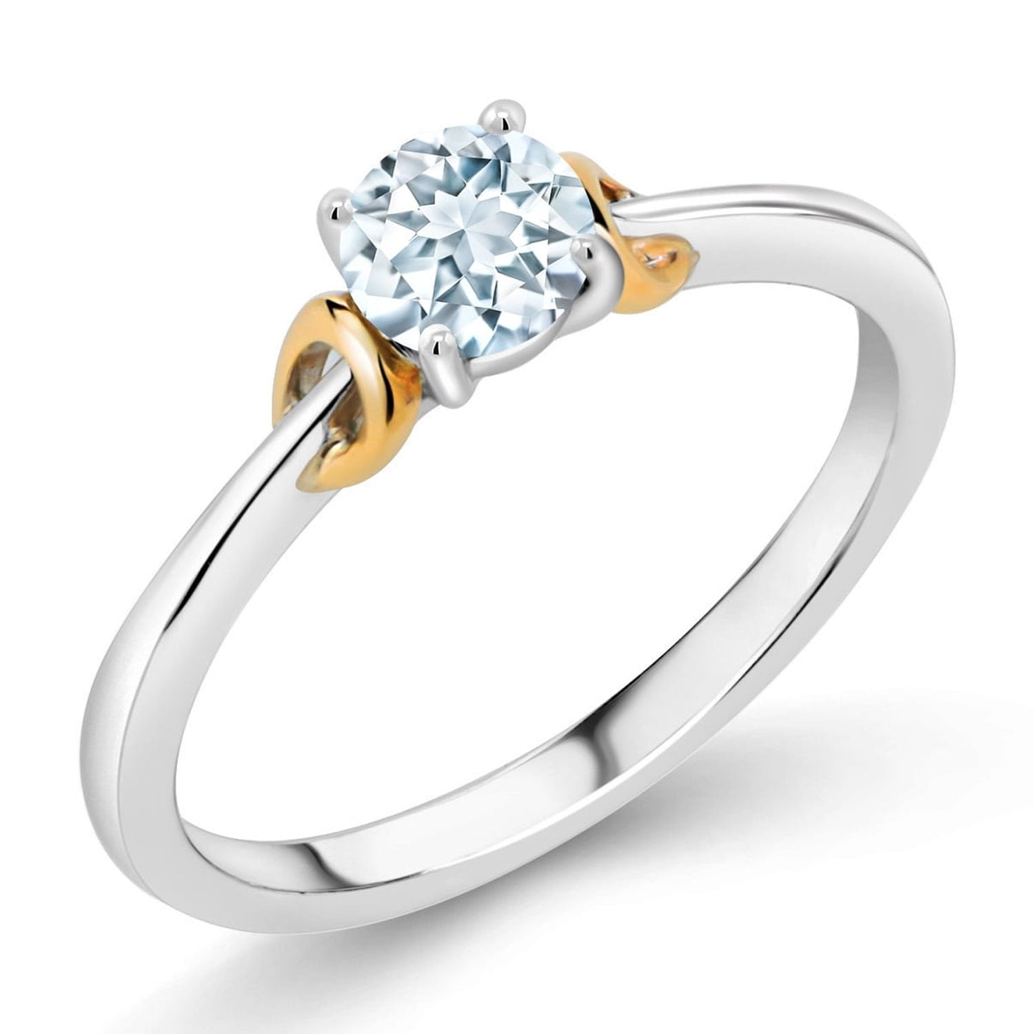 Gem Stone King 925 Sterling Silver and 10K Yellow Gold Sky Blue Aquamarine Solitaire Engagement Ring for Women (0.50 Cttw, Round 5MM, Gemstone March Birthstone, Size 5)