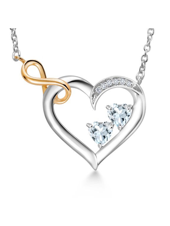 925 Sterling Silver and 10K Yellow Gold Sky Blue Aquamarine and White Lab Grown Diamond Infinity Heart Pendant Necklace for Women (0.53 Cttw, Heart Shape 4MM, with 18 inch Chain)