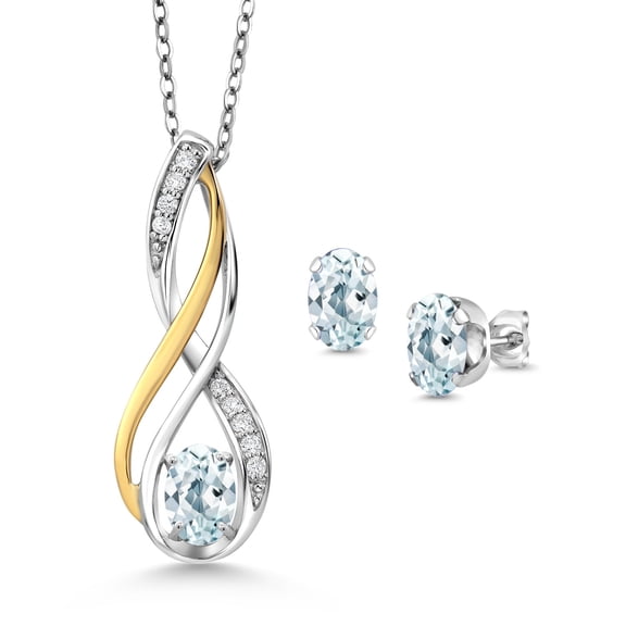 Gem Stone King 925 Sterling Silver and 10K Yellow Gold Sky Blue Aquamarine and White Lab Grown Diamond Pendant and Earrings Jewelry Set for Women (1.56 Cttw, Gemstone Birthstone, with 18 inch Chain)