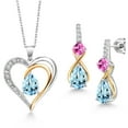thumbnail image 1 of Gem Stone King 925 Sterling Silver and 10K Yellow Gold Sky Blue Topaz Pink Created Sapphire and White Lab Grown Diamond Pendant Necklace Earrings Set for Women (4.72 Cttw, with 18 inch Chain), 1 of 3